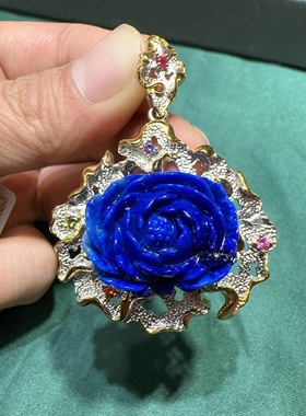 天然水晶宝石青金石牡丹花吊坠925银镶嵌体颜色好意大利工艺女款