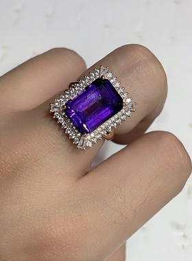 天然巴西紫水晶宝石戒指s925银镀玫瑰金祖母绿切工长方女戒活口