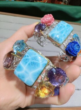天然水晶手镯海纹石紫水晶黄水晶托帕石欧泊925银镶嵌意大利工艺