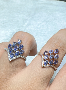 天然坦桑石戒指s925银镶嵌活口女款排戒水滴蓝色时尚大气