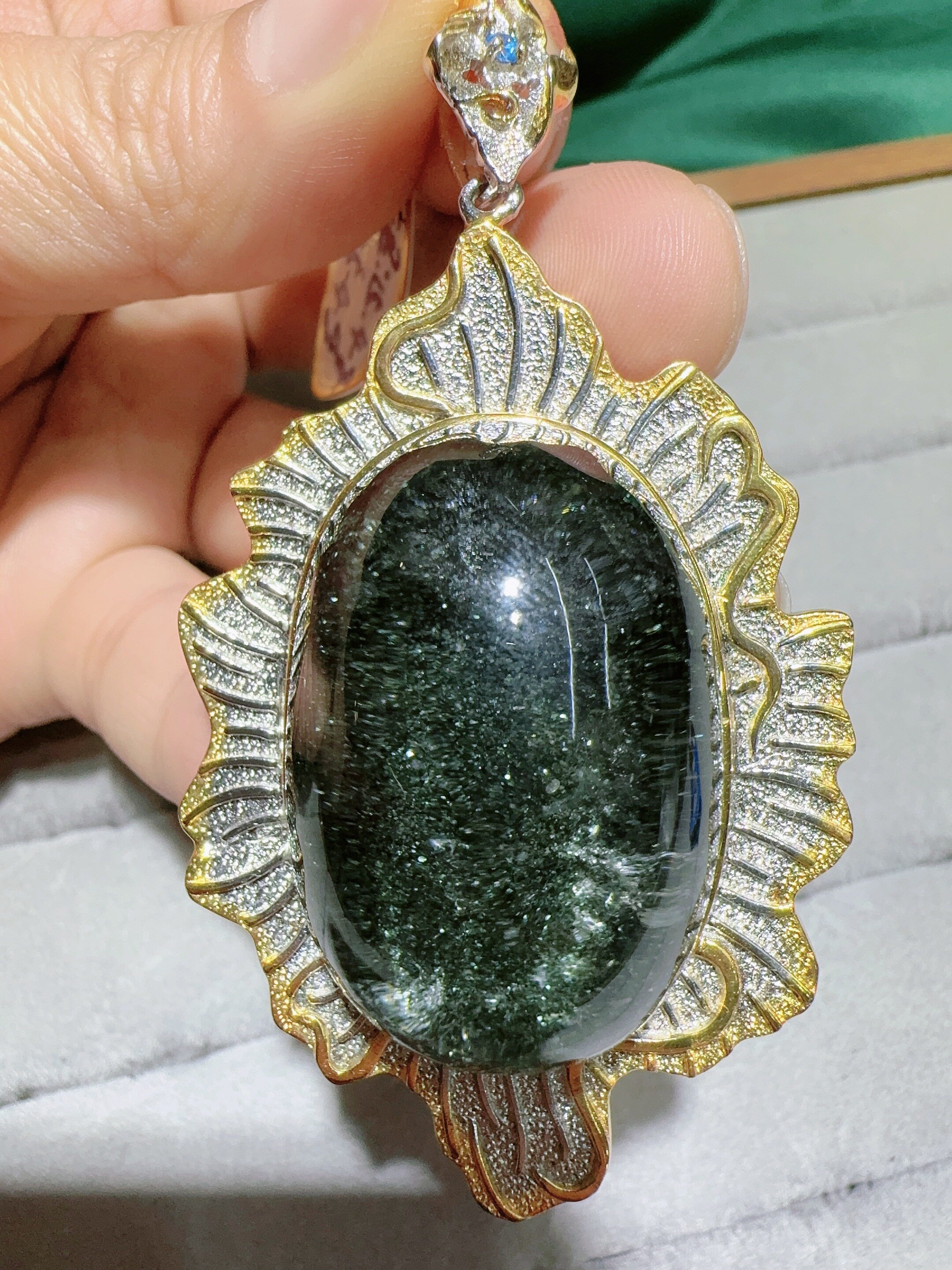 天然绿幽灵吊坠925银镶嵌大颗粒毛衣链胸坠意大利工艺大颗粒