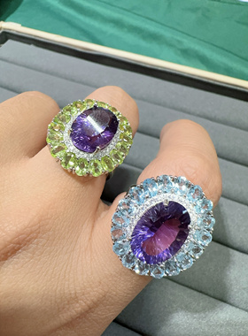 天然紫水晶戒指豪华欧美大气款式 活口托帕石橄榄石戒指女