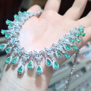 天然祖母绿项链锁骨链精致时尚 大链牌豪华气质双色925银豪镶