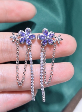 天然坦桑石耳坠的耳钉女款耳饰925纯银镶嵌豪华款大气