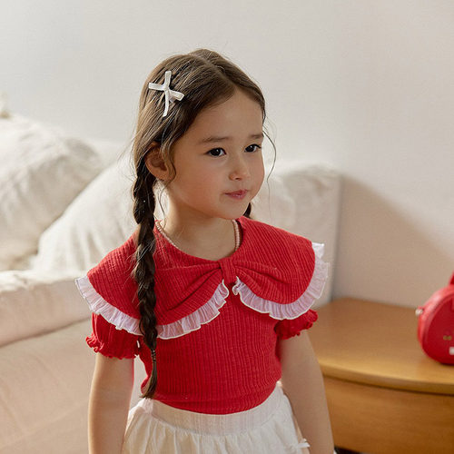 女童小童甜美蕾丝大翻领短袖T恤 berry韩国代购童装26夏款儿童040
