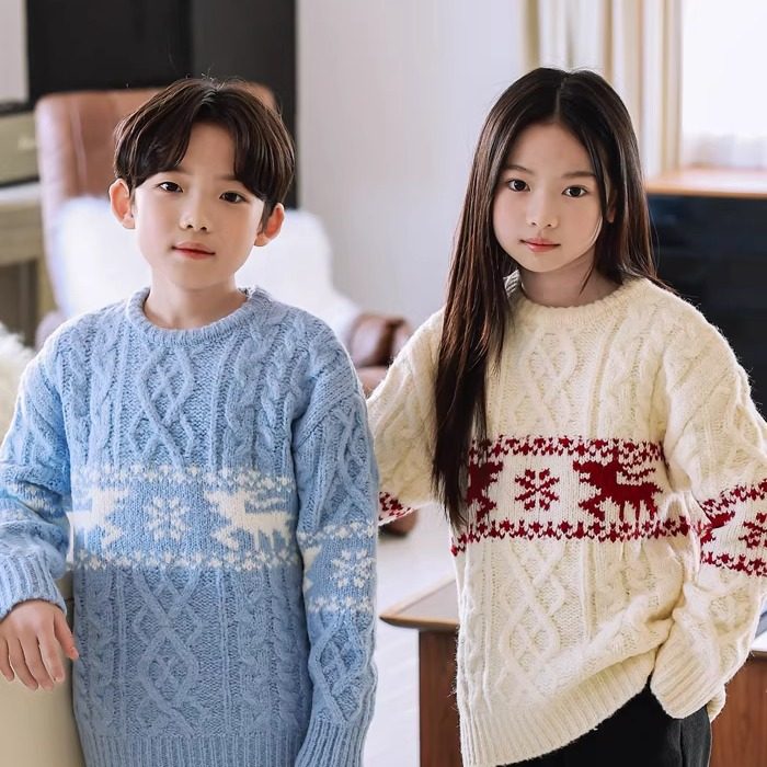 儿童麻花小麋鹿针织衫 MORE韩国进口童装2025冬中大男女童毛衣138