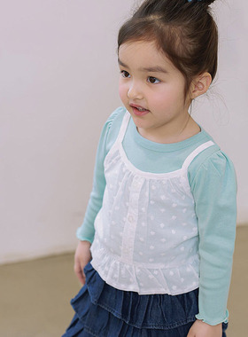 JAZZ女童蕾丝假两件泡泡袖T恤 韩国南大门童装代购26春款儿童6801