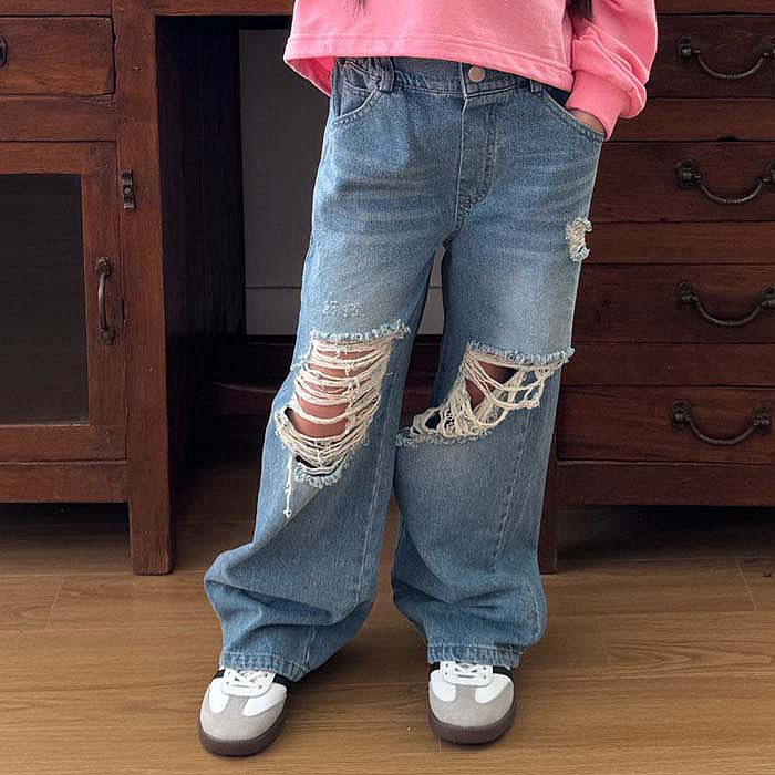 中大女童破洞直筒牛仔裤 MATILDA韩国代购童装26春款儿童长裤986