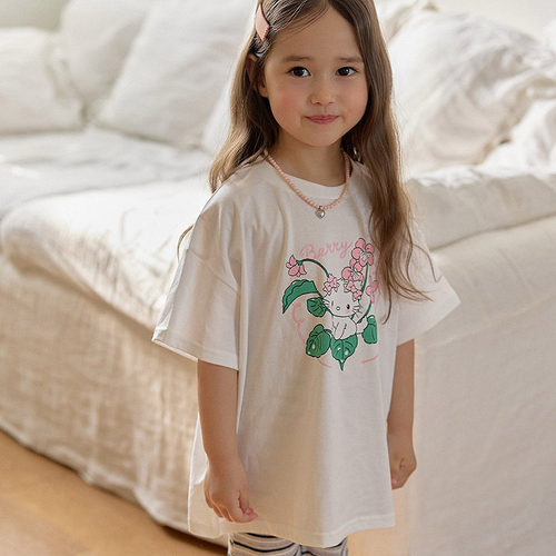 女童小童小猫花朵休闲短袖T恤 berry韩国童装代购26夏季款儿童040