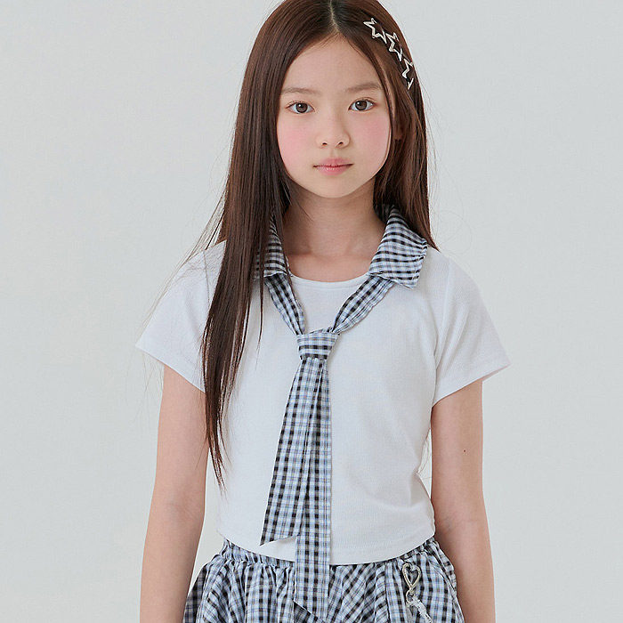 中大女童短款格子翻领领带短袖T恤 LILAS韩国代购童装26夏儿童022