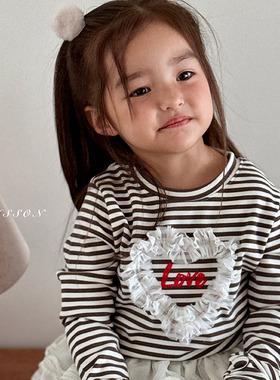 儿童条纹爱心字母长袖T恤 POISSON韩国代购进口童装25冬款女童143