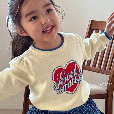 中小童洋气圆领爱心针织衫 POISSON韩国进口童装26春儿童女童143