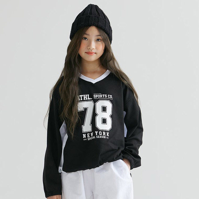 DAWON中大女童数字抽绳V领拼色长袖T恤 韩国代购童装26春儿童098,童装/婴儿装/亲子装,T恤,淘宝优惠券,粉丝福利购,淘宝优惠卷