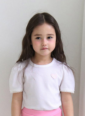 女童纯色蕾丝边短袖T恤 morimori韩国进口代购童装26夏款儿童790