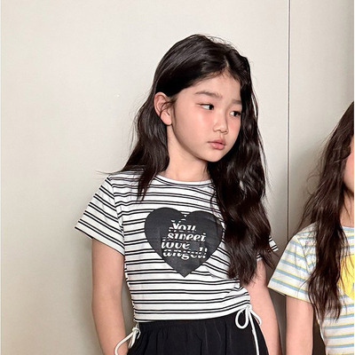 中大童女童条纹爱心短款短袖T恤 COMMA韩国代购童装26夏款上衣605