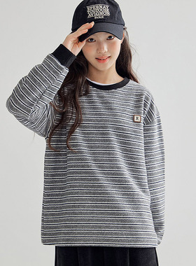 DAWON中大女童条纹宽松圆领长袖T恤 韩国童装代购2025冬款儿童098