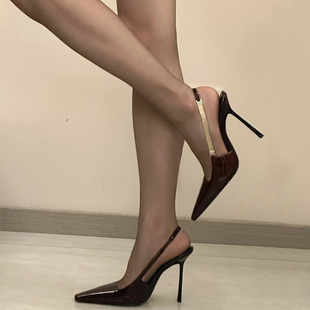 后空金属链条高跟鞋 女2025夏方头黑色高级感漆皮细跟包头气质凉鞋