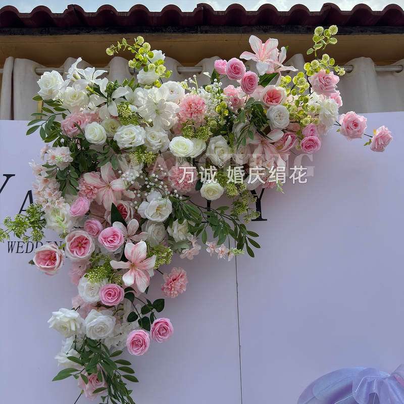彷真花森系粉色地排花排千代兰玫瑰瀑布婚庆背景装饰布置路引花艺