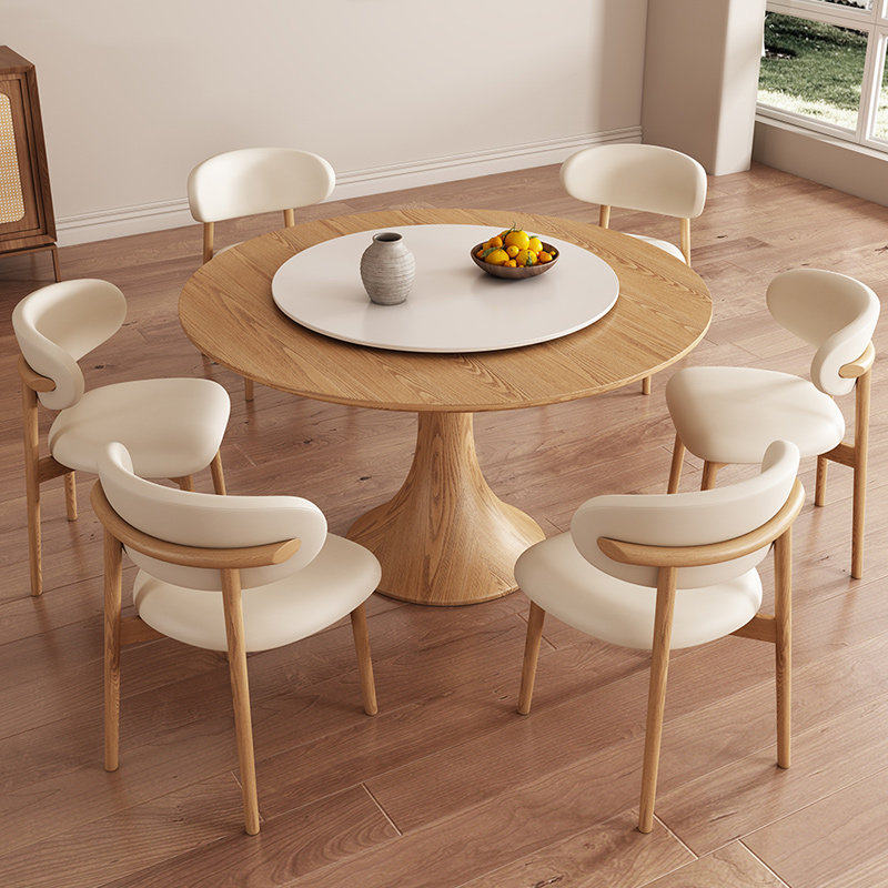 小户型实木圆形餐桌家用奶油风餐桌椅组合原木色圆桌餐桌椅带转盘