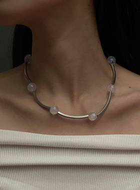 蓝色透明珠钛钢金属管拼接项链