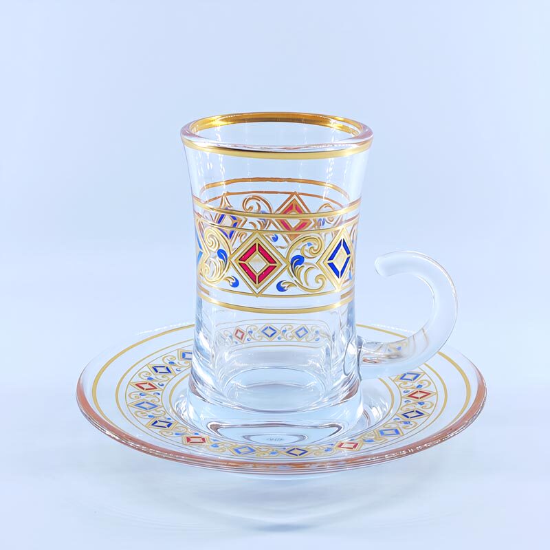 欧式新款菱形特色茶杯描金花茶杯碟套装咖啡杯子玻璃杯勺子礼盒