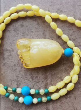 天然琥珀蜜蜡毛衣链长款知足常乐吊坠锁骨链鸡油黄挂件蜜蜡项链