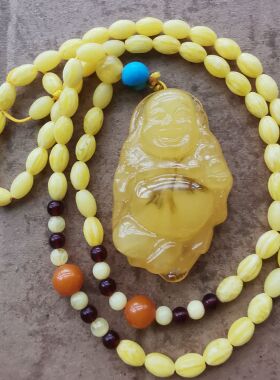 天然琥珀蜜蜡毛衣链长款钱袋佛吊坠项链锁骨链鸡油黄毛衣挂件