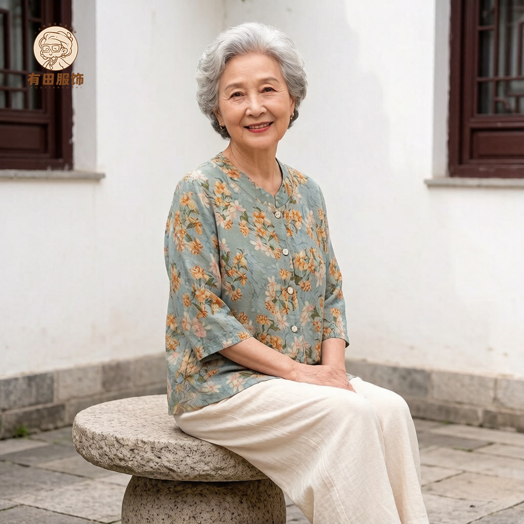 妈妈夏季套装中老年女款妈妈衬衫60岁70岁奶奶仿真丝宽松休闲上衣