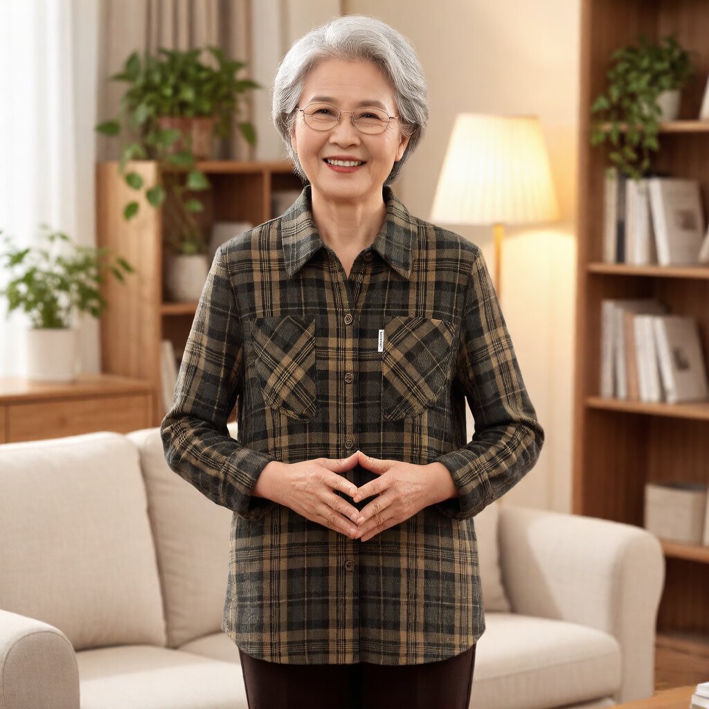 妈妈装春秋款针织上衣衬衫洋气中老年奶奶装加厚长袖格子开衫外套