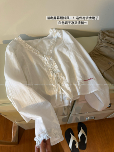Floyd 清冷小众高级~爱了V领木耳花边刺绣系带全棉长袖衬衫包邮