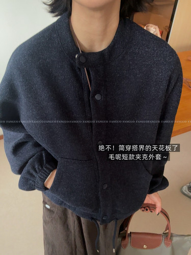 韩国river  小立领抽绳随意慵懒高级感复古毛呢短款外套女