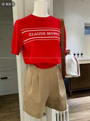 韩国dp！美式复古高级 简约字母泡泡袖针织衫短袖上衣女