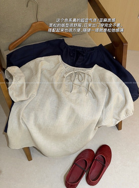 韩国订单！燕麦芝士～泡泡袖亚麻上衣系带休闲短袖娃娃衫女