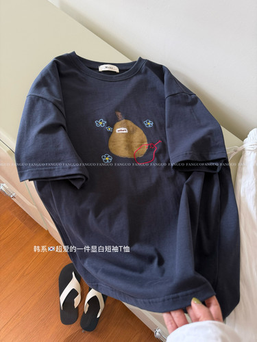 mo*e好爱！ 刺绣大鸭梨小花朵～韩系复古宽松全棉短袖T恤包邮