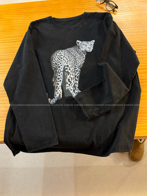 重磅！重工水洗做旧 美式复古花豹套头宽松休闲长袖T恤女