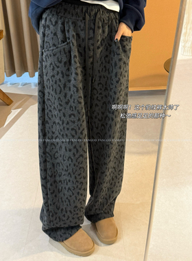 帅！复古洋气豹纹加厚加绒保暖卫裤弯刀裤阔腿裤休闲裤女