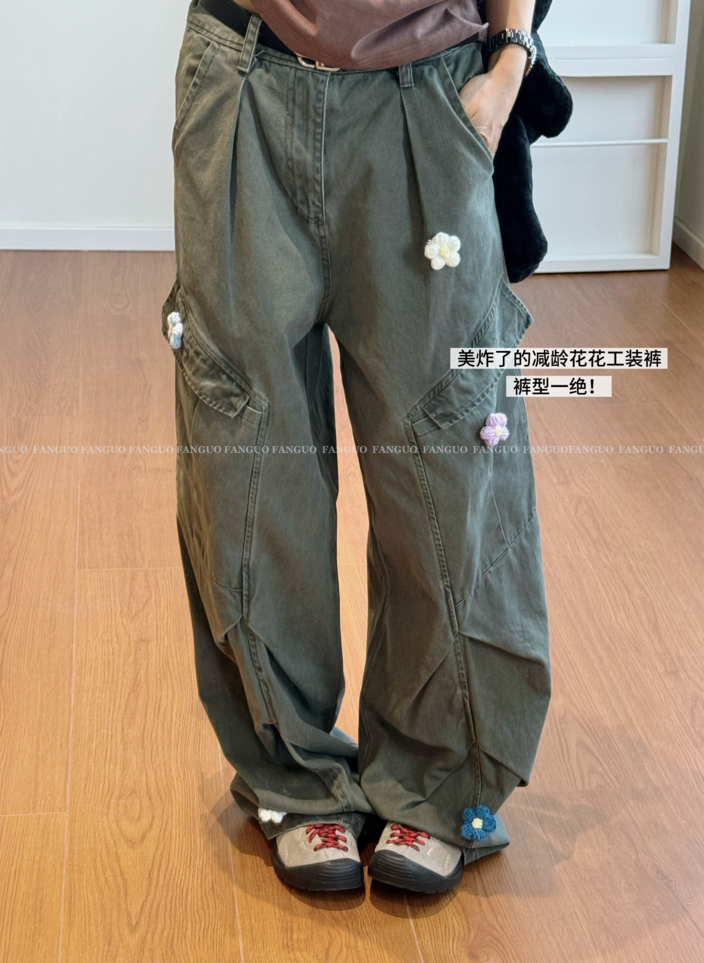 帅毙了！高街～美式复古重工洗水做旧立体花朵口袋工装休闲裤包邮