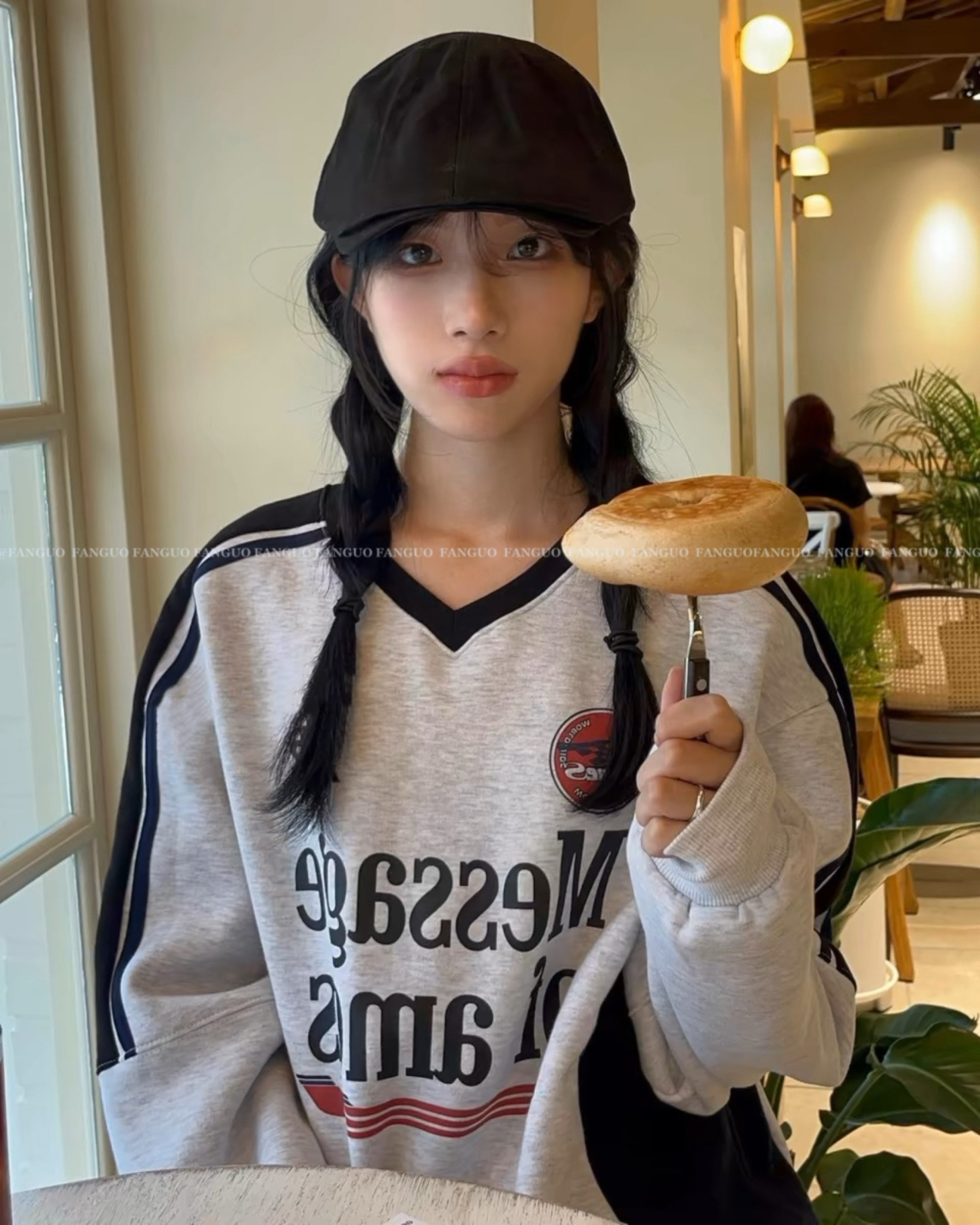 韩国尹汉真同款 美式复古球衣风撞色设计毛圈棉卫衣女秋冬