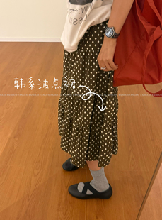 韩国fure 美拉德复古波点半身裙松紧腰大摆裙 包邮 春天叠穿狠美