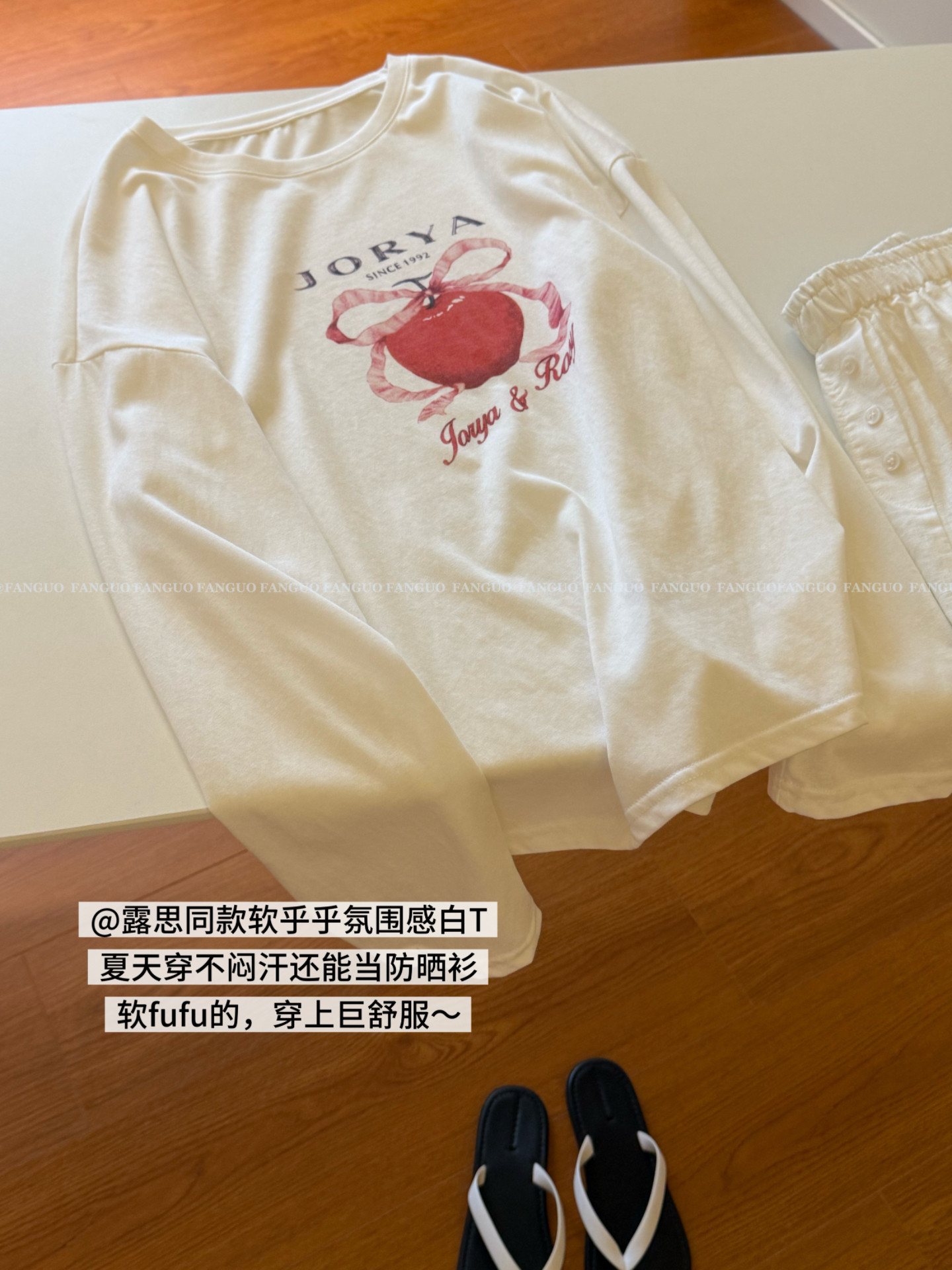 韩国单!露思同款 慵懒少女感 樱桃蝴蝶结竹节棉长袖防晒T恤包邮