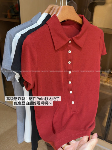 高智感老钱风 真丝天丝醋酸 贝壳小金扣显瘦短袖polo衫T恤女