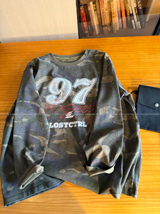 复古迷彩字母印花宽松长袖 美式 T恤女 重工洗水做旧 chao帅