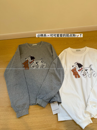 Flo*d/小熊斑点狗 韩系休闲卡通全棉宽松长袖T恤女秋冬包邮