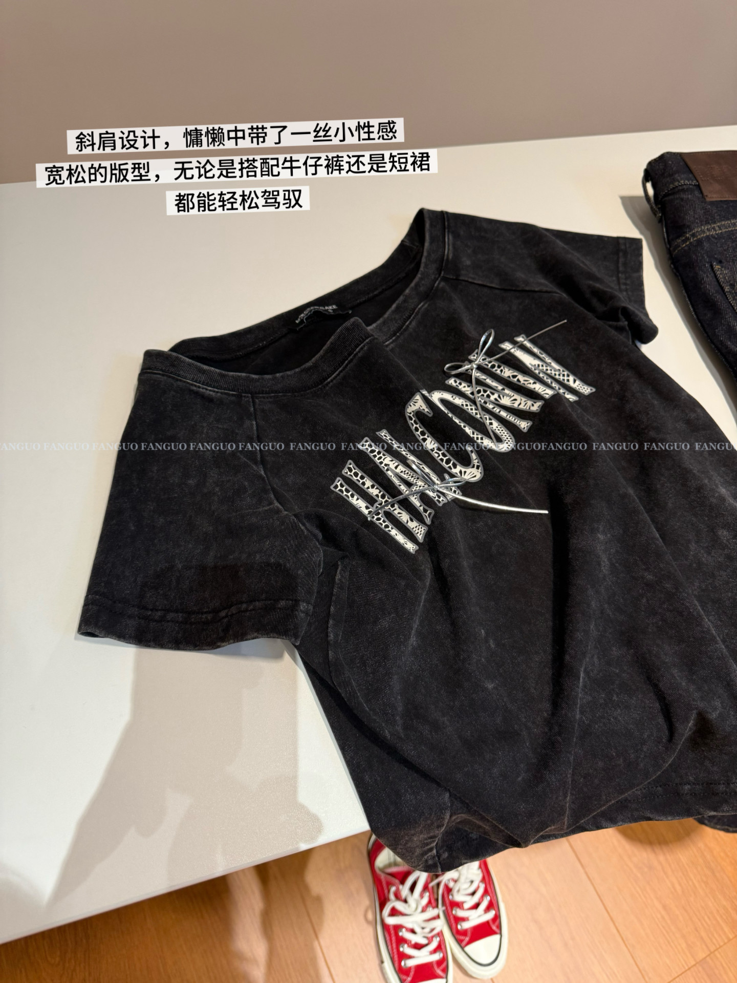 AP* 美爆！重工美式复古做旧立体蝴蝶结字母斜肩T恤女包邮图片
