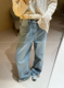 有腔调 显瘦显高显腿长 浅蓝洗水做旧窄版 直筒牛仔裤 女