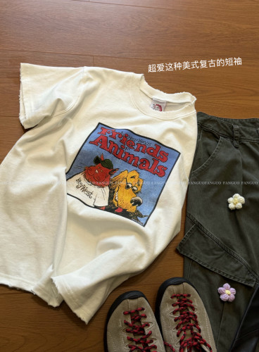 韩国公鸡家animals/朋友们 童趣个性重工洗水棉休闲短袖T恤包邮