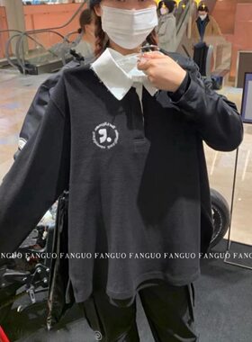 韩国rest*刺绣  高级美式 华夫格撞色Polo衫卫衣女 秋新款