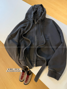 韩国小众  vintage复古美式做旧重工水洗刺绣连帽卫衣外套女包邮
