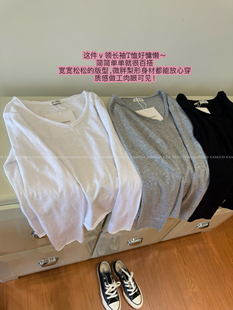 包邮 stet T恤 随性毛边V领百搭纯色长袖 ment 极简松弛感～竹节棉