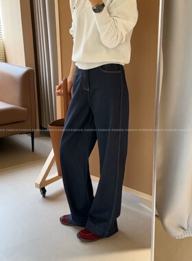 vin*ge永远经典 复古明线丹宁蓝直筒牛仔裤女